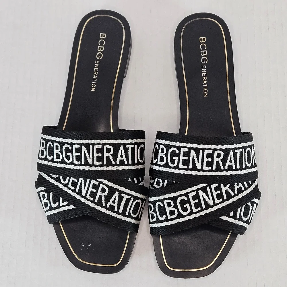 Women's BCBGeneration Black/White Krista Logo Slides Size 6.5